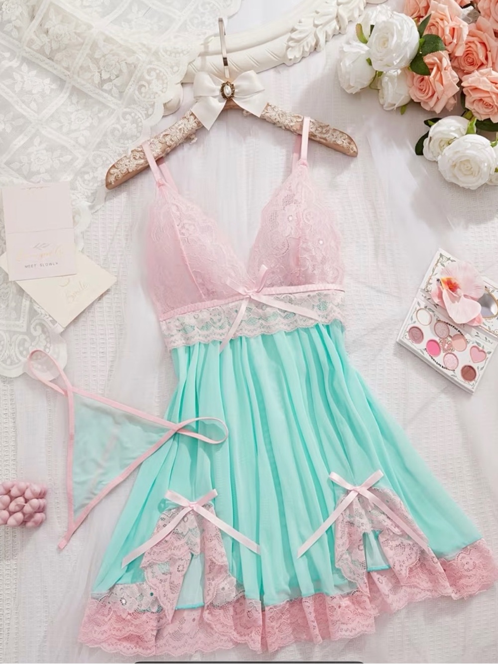 Pastel Pink & Mint Lace Babydoll Lingerie Set